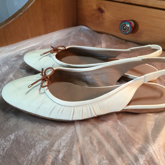 HERMES OFF-WHITE LEATHER MULES FLATS SLINGBACKS 36-6 ITALY ANKLE-STRAP BROWN - Picture 6 of 9